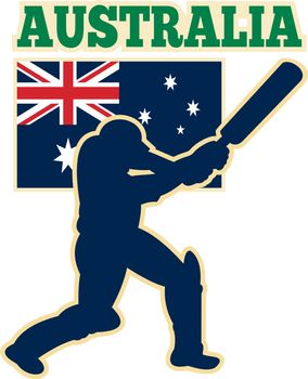 illustration of  silhouette of cricket batsman batting front view with flag of Australia in background