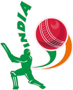 illustration of a cricket batsman silhouette batting front view with ball in background done in retro style with words "India"