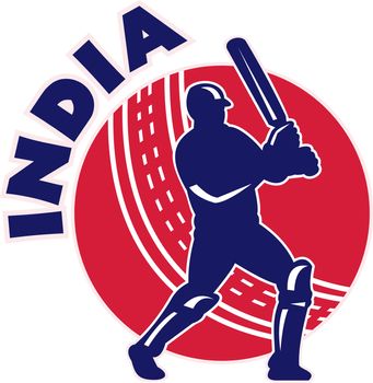 illustration of a cricket batsman silhouette batting front view with ball in background done in retro style with words "India"