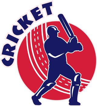  illustration of a cricket batsman batting front view with ball in background done in retro style