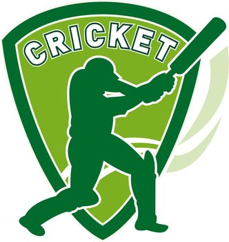 illustration of a cricket sports player batsman silhouette batting set inside shield