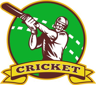  illustration of a cricket batsman batting front view with ball in background done in retro style  with scroll and words "cricket"
