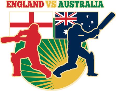 illustration of  silhouette of cricket batsman batting front view with flag of England and Australia in background