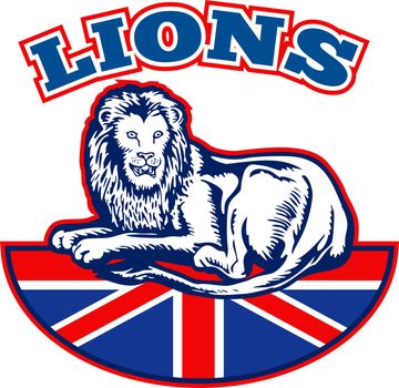 illustration of a Lion sitting on fours  with British Great Britain union jack flag in background