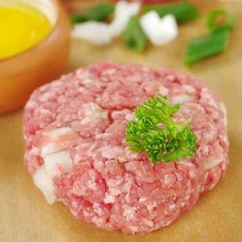 Raw meatball garnished with a parsley leaf and a raw egg and green onion pieces in the back (Very Shallow Depth of Field, Focus on the front of the meatball and the leaf)