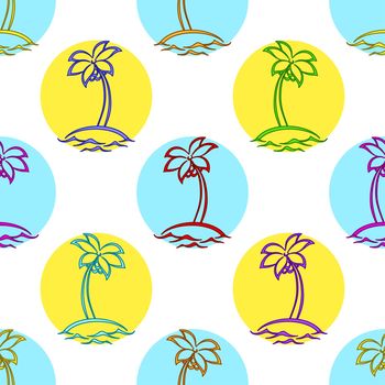 Vector seamless background, symbolical islands with palm trees in circles on the white