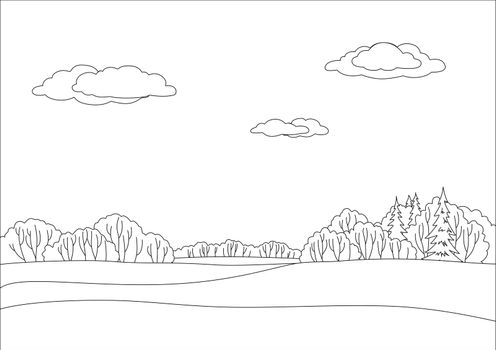 landscape, monochrome contours: forest and sky with clouds