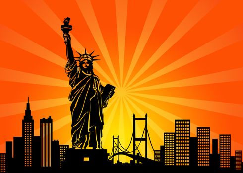 New York Manhattan City Skyline and Statue of Liberty Illustration