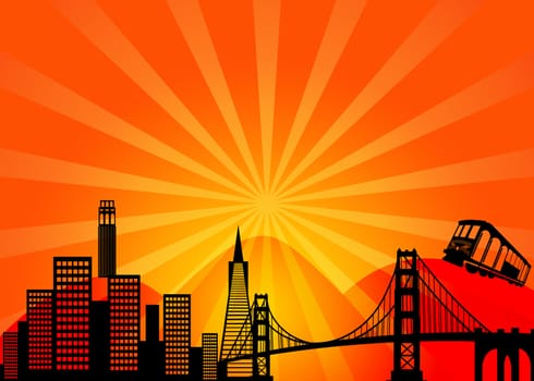 San Francisco California City Skyline and Golden Gate Bridge Illustration