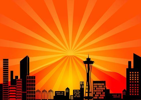 Seattle Washington City Skyline and Mount Rainier Illustration