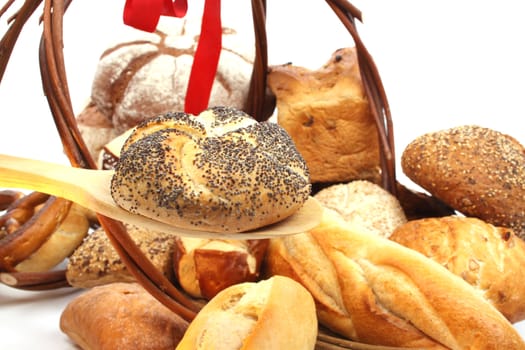 Various kinds of fresh baked  bread, breadrolls and buns