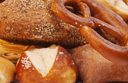 Various kinds of fresh baked  bread, breadrolls and buns