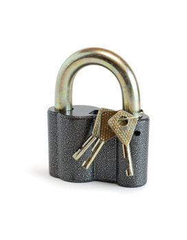 Three keys attached with padlock on white background. Isolated with clipping path