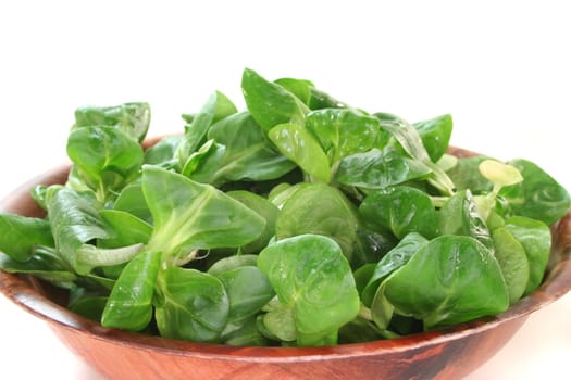 fresh corn salad in a wooden bowl on a white background