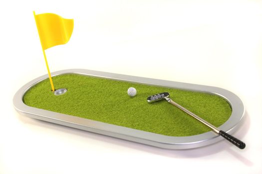 Golf game with putter, golf ball and a flag on the lawn before a white background