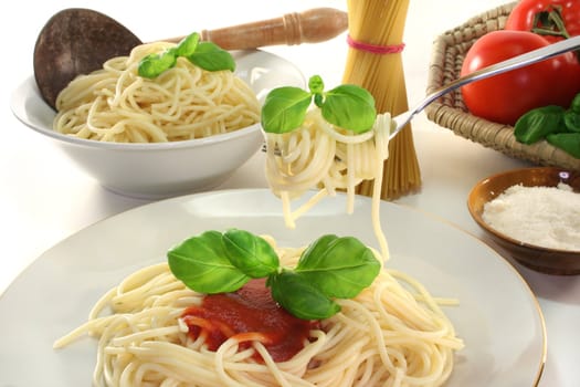 Spaghetti on a fork with tomato sauce and fresh basil