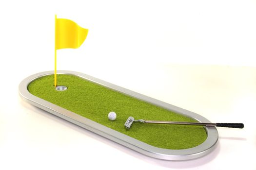Golf game with putter, golf ball and a flag on the lawn before a white background