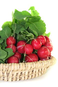 fresh radishes with green leaves in a basket of bast