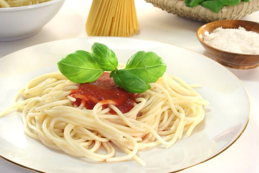 Spaghetti with tomato sauce and fresh basil