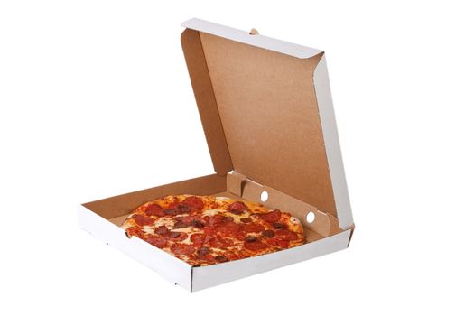 Fresh pizza in plain open box isolated on white background, Delivered fast food concept