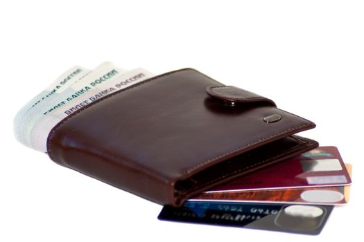 wallet with money and credit cards on white background