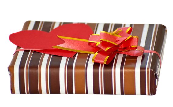 striped box with ribbon and heart shaped paper note for text on white background