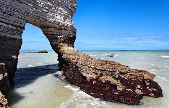 Natural arch in Etretat on the Upper Normandy coast in the North of France.Some of the rocks are formed from deposits of oysters and seaweed year after year.