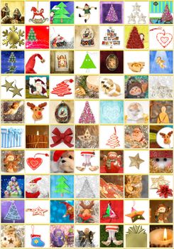 Christmas greeting cards, collage portrait of 70 different Christmas themes