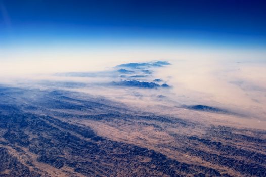 Panoramic view of rocky mountain landscape. Above Afghanistan
