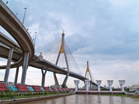 Floodgate with Bhumibol Bridge also casually call as Industrial Ring Road Bridge, Samut Prakarn,Thailand