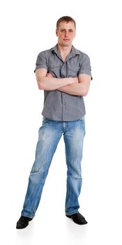 Sports guy in jeans is isolated on a white background