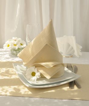 Coordinated decorative napkin on a plate with cutlery