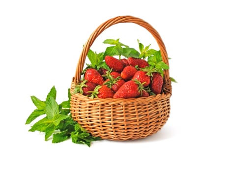 Fresh Strawberries in basket with mint on a white background