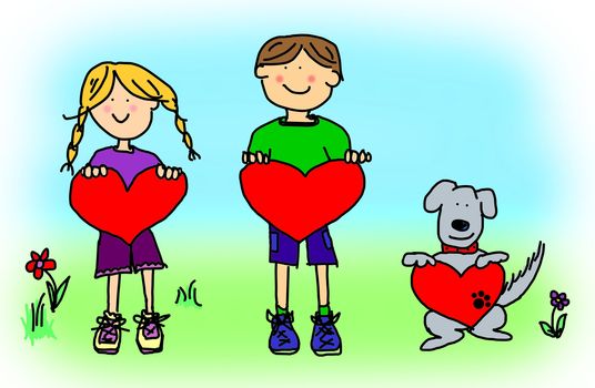 Fun boy, girl and dog cartoon outline holding blank heart shape signs.