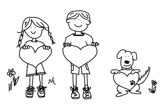 Fun boy, girl and dog cartoon outline holding blank heart shape signs.