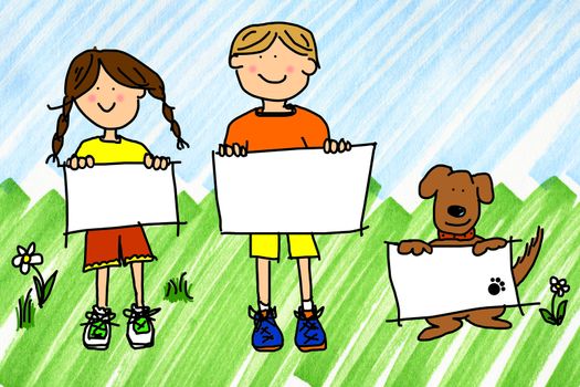 Cartoon illustration of boy, girl, and dog with blank sign on real ink marker doodle of sky and grass.