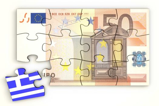 50 Euro note from top as a puzzle - one piece seperately - extra piece with Greece / greek flag on it