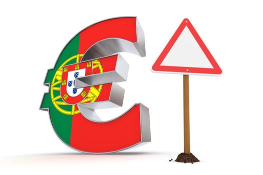 shiny metallic Euro symbol with a portuguese flag on it's front - a red and white  triangular warning sign stands next to it