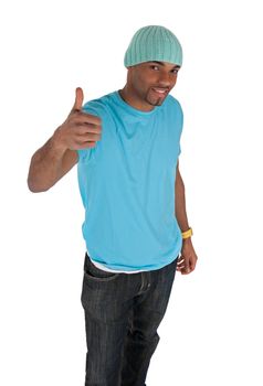 Smiling young man in a. blue with thumb up. Isolated on white background.