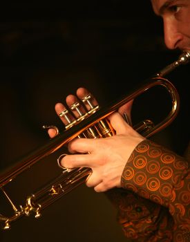 Trumpet player. Focus on the finger of the saxophone player. b/w+blue tone