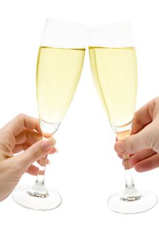 Man and woman celebrating with two glasses of champagne. Isolated on a white background.