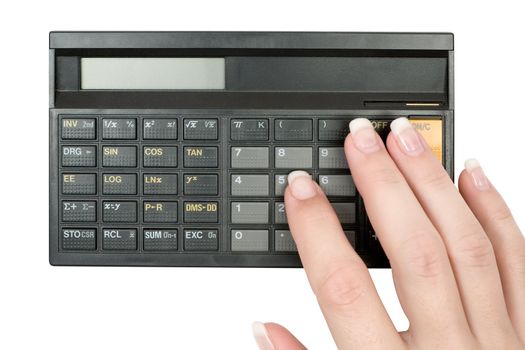 Calculator and female hand isolated on a white background.