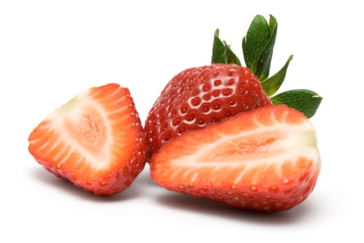 Sliced strawberry arranged on a white background.