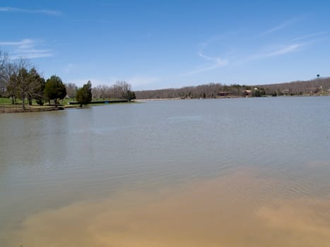 Part of a lake, opening into a kind of bay. Clear sky, sunny, warm.