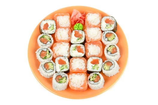 Closeup japanese sushi set at plate on a white