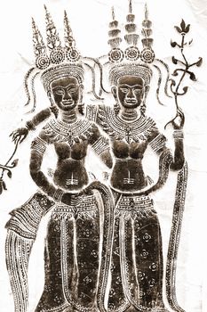 A piece of ink rubbing of the ancient rock carvings at Angkor, Cambodia