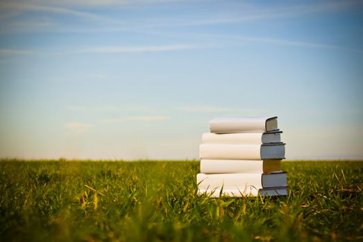 Books laying on grass