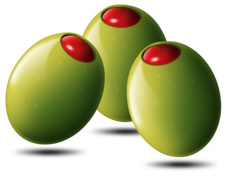 Illustration of 3 stuffed green olives, tomato or chili