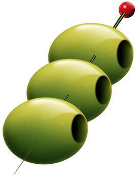 Illustration of 3 green olives on a stick
