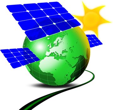 Illustration of green terrestrial globe with 3 panels blue fotovoltaici, sun and electric cable